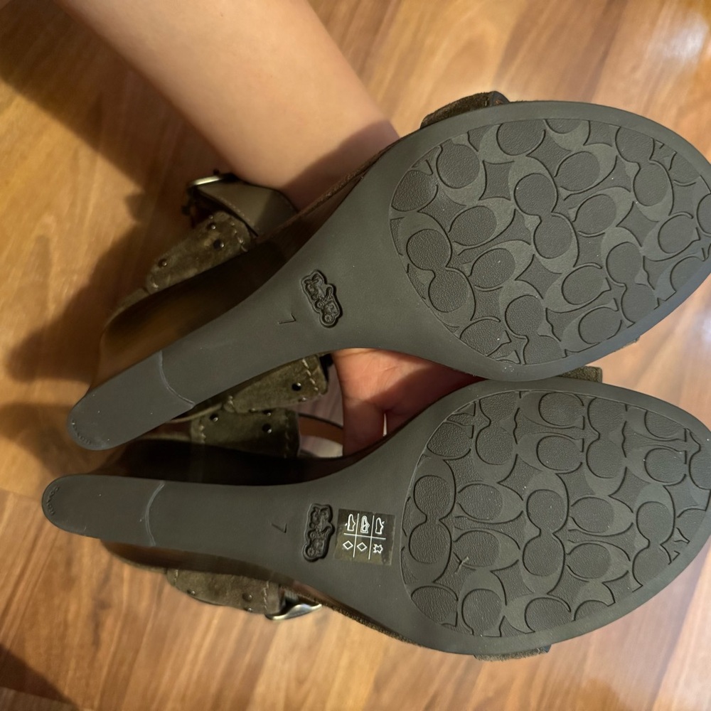 Coach Olive Green Suede Wedge Sandals with Brown Accents - Picture 5 of 13